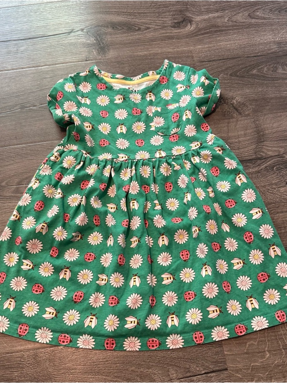 Mini Boden Girls 5/6 Green Daisy & Ladybug Cotton Dress